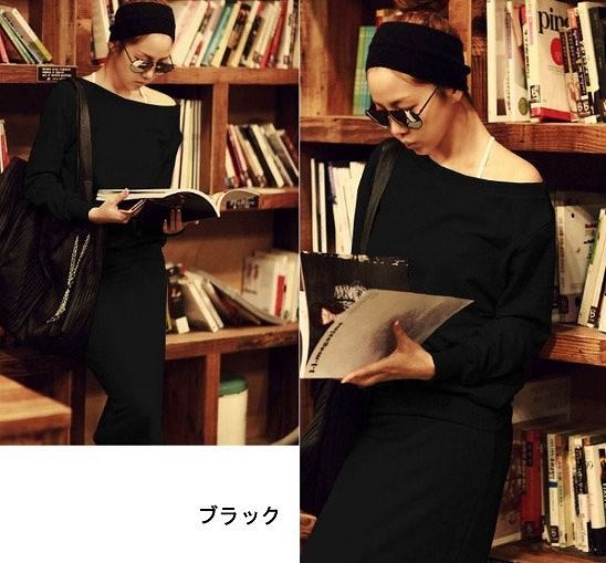 レディース　ファッション　トップス　ボトムス　スウェット　スカート　ドレス　コンビネゾン　ラウンドネック　ロングスカート　シンプル　かわいい　キュート　大人カジュアル　普段着　買い物　ブラック　グレー　送料無料