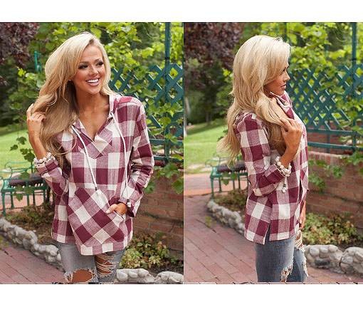 レディース　トップス　シャツ　チェック　フード付き　ブラウス　プルオーバー　Vネック　シンプル　大きいサイズ　大人カジュアル　長袖　フェミニン　普段着　おしゃれ　デート　リゾート　レッド　ホワイト　送料無料