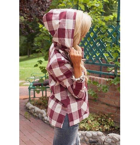 レディース　トップス　シャツ　チェック　フード付き　ブラウス　プルオーバー　Vネック　シンプル　大きいサイズ　大人カジュアル　長袖　フェミニン　普段着　おしゃれ　デート　リゾート　レッド　ホワイト　送料無料