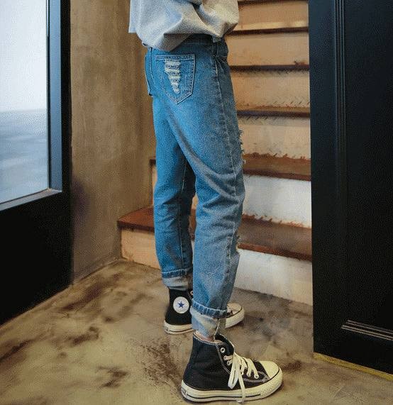 レディース　ボトムス　クラッシュ　デニム　パンツ　ダメージ　パッチ　ジーンズ　ロールアップ　無地　大人カジュアル　フェミニン　普段着　リゾート　デート　ブルー　送料無料