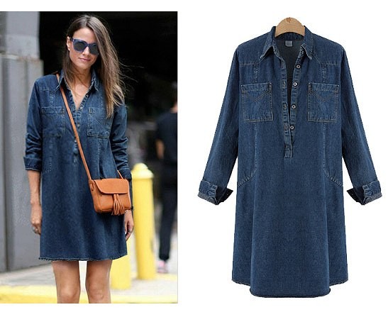 レディース　ワンピース　デニム　ロングシャツ　膝上丈　シャツワンピ　長袖　無地　大きいサイズ　プルオーバー　大人カジュアル　可愛い　普段着　フェミニン　リゾート　デート　ブルー　送料無料