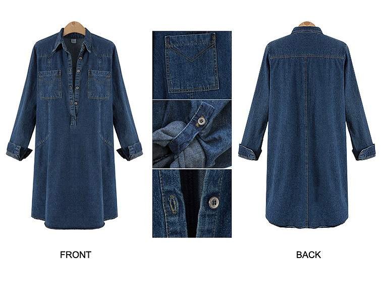 レディース　ワンピース　デニム　ロングシャツ　膝上丈　シャツワンピ　長袖　無地　大きいサイズ　プルオーバー　大人カジュアル　可愛い　普段着　フェミニン　リゾート　デート　ブルー　送料無料