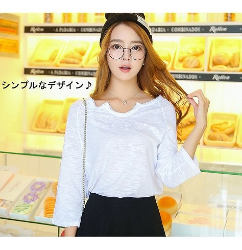 レディース　トップス　カットソー　Tシャツ　7分袖　シンプル　無地　ラウンドネック　サイドスリット　コットン　ゆったり　フリーサイズ　大人カジュアル　オフィス　上品　お呼ばれ　おしゃれ　デート　リゾート　ホワイト　送料無料