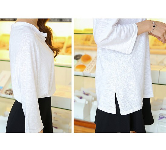 レディース　トップス　カットソー　Tシャツ　7分袖　シンプル　無地　ラウンドネック　サイドスリット　コットン　ゆったり　フリーサイズ　大人カジュアル　オフィス　上品　お呼ばれ　おしゃれ　デート　リゾート　ホワイト　送料無料