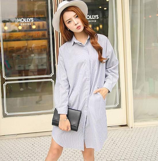 レディース　トップス　ロングシャツ　ワンピース　シャツワンピ　長袖　シンプル　ゆったり　フリーサイズ　膝上丈　大人カジュアル　お出かけ　普段着　お呼ばれ　おしゃれ　デート　リゾート　ブルー　送料無料