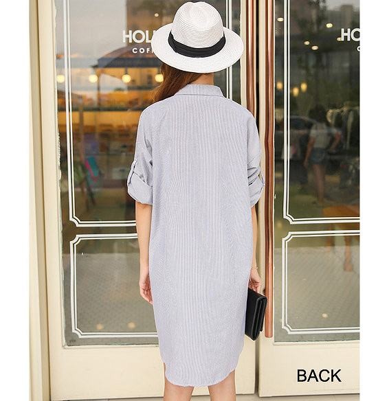 レディース　トップス　ロングシャツ　ワンピース　シャツワンピ　長袖　シンプル　ゆったり　フリーサイズ　膝上丈　大人カジュアル　お出かけ　普段着　お呼ばれ　おしゃれ　デート　リゾート　ブルー　送料無料