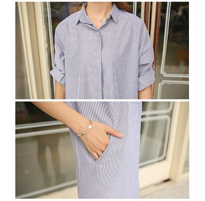 レディース　トップス　ロングシャツ　ワンピース　シャツワンピ　長袖　シンプル　ゆったり　フリーサイズ　膝上丈　大人カジュアル　お出かけ　普段着　お呼ばれ　おしゃれ　デート　リゾート　ブルー　送料無料