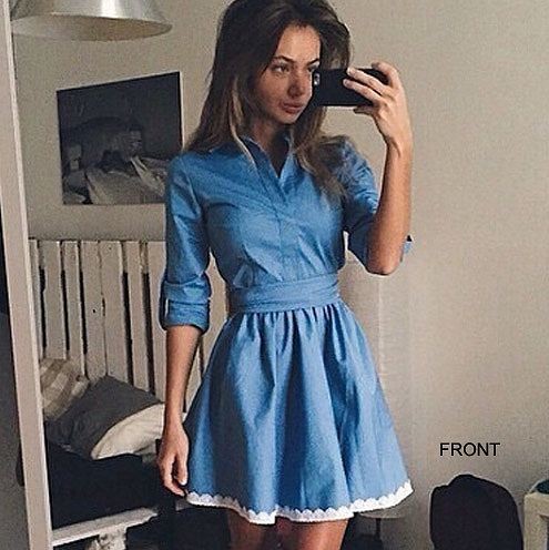 レディース　ワンピース　デニム　ミニドレス　膝上丈　シャツワンピ　5分袖　無地　レース　大人カジュアル　可愛い　お呼ばれ　普段着　フェミニン　リゾート　デート　ブルー　送料無料