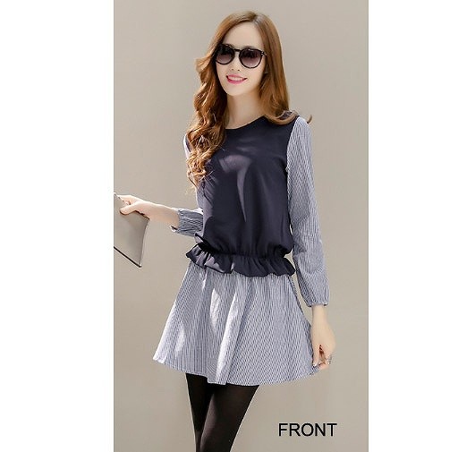 レディース　ワンピース　フレア　ドレス　チュニックワンピ　膝上丈　ミニスカート　長袖　ストライプ　無地　大人カジュアル　普段着　リゾート　パーティ　お出かけ　お呼ばれ　デート　ブルー　ホワイト　送料無料