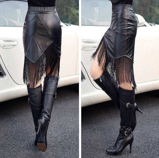 レディース　フリンジ　スカート　フェイクレザー　膝丈　無地　タイト　PU　合皮　セクシー　大きいサイズ　大人カジュアル　普段着　お出かけ　おしゃれ　デート　リゾート　ブラック　送料無料