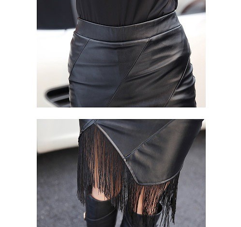レディース　フリンジ　スカート　フェイクレザー　膝丈　無地　タイト　PU　合皮　セクシー　大きいサイズ　大人カジュアル　普段着　お出かけ　おしゃれ　デート　リゾート　ブラック　送料無料