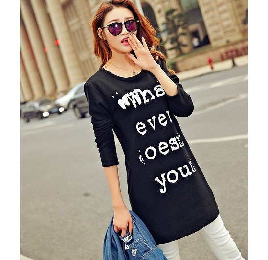 レディース　トップス　ファッション　ロングＴシャツ　長袖　ラウンドネック　プリント　夏　大人カジュアル　かわいい　買い物　デート　外出　普段着　ブラック　ネイビー　ホワイト　送料無料