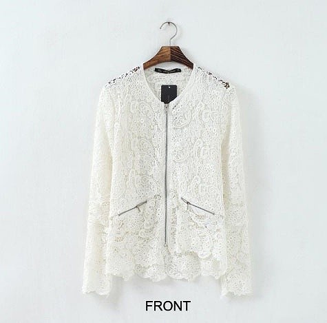 レディース　アウター　ファッション　ブラウス　ノーカラー　長袖　レース　ジッパー　夏　大人カジュアル　かわいい　キュート　買い物　デート　外出　普段着　ホワイト　送料無料