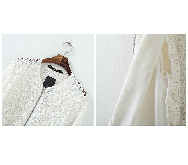 レディース　アウター　ファッション　ブラウス　ノーカラー　長袖　レース　ジッパー　夏　大人カジュアル　かわいい　キュート　買い物　デート　外出　普段着　ホワイト　送料無料