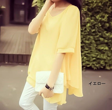レディース　ファッション　トップス　ポンチョ風　シフォンドレス　ラウンドネック　半袖　かわいい　大人カジュアル　キュート　ラフ　買い物　外出　デート　旅行　ブルー　ピンク　イエロー　送料無料