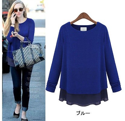 レディース　Ｔシャツ　ラウンドネック　ぺプラムトップス　アウター　長袖　かわいい　大人カジュアル　普段着　おしゃれ　パーティ　デート　ブルー　ブラック　送料無料