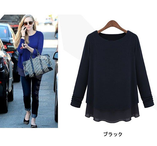 レディース　Ｔシャツ　ラウンドネック　ぺプラムトップス　アウター　長袖　かわいい　大人カジュアル　普段着　おしゃれ　パーティ　デート　ブルー　ブラック　送料無料