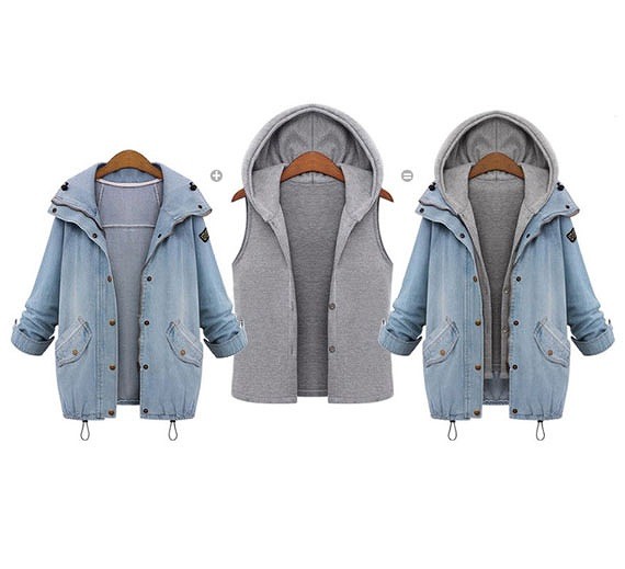 レディース　ジャケット　デニム　長袖　フードベスト付き　かわいい　キュート　エレガント　大人カジュアル　外出　通勤　普段着　おしゃれ　デート　ブルー　送料無料