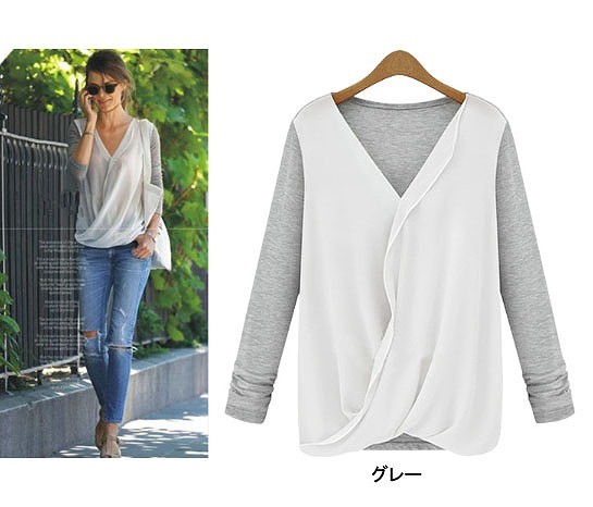 レディース　トップス　Vネック　シフォンシャツ　カットソー　無地　長袖　シンプル　大きいサイズ　大人カジュアル　フェミニン　普段着　オフィス　ナチュラル　おしゃれ　デート　リゾート　グレー　ブラック　ピンク　送料無料