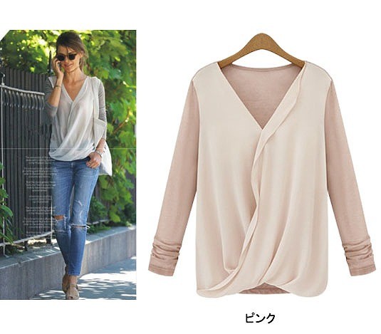 レディース　トップス　Vネック　シフォンシャツ　カットソー　無地　長袖　シンプル　大きいサイズ　大人カジュアル　フェミニン　普段着　オフィス　ナチュラル　おしゃれ　デート　リゾート　グレー　ブラック　ピンク　送料無料