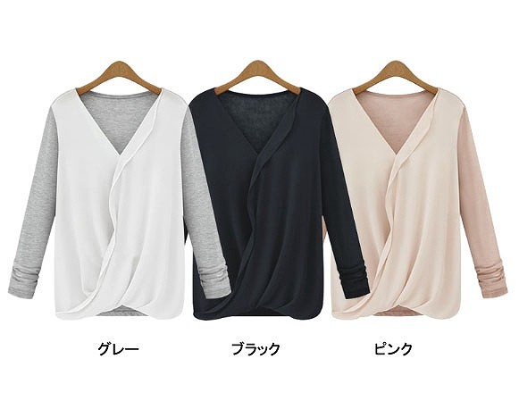 レディース　トップス　Vネック　シフォンシャツ　カットソー　無地　長袖　シンプル　大きいサイズ　大人カジュアル　フェミニン　普段着　オフィス　ナチュラル　おしゃれ　デート　リゾート　グレー　ブラック　ピンク　送料無料