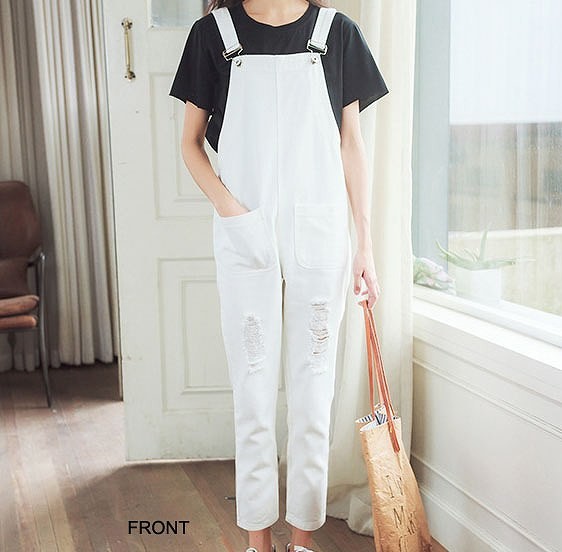 レディース　ボトムス　サロペット　オーバーオール　オールインワン　クラッシュ　デニム　パンツ　ダメージ　無地　大きいサイズ　カジュアル　フェミニン　普段着　ラフスタイル　オフ　おしゃれ　デート　リゾート　ホワイト　送料無料