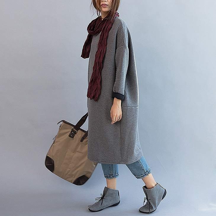 レディース　キルティングシャツ　ストライプ　長袖　ロングＴシャツ　大人カジュアル　フェミニン　かわいい　人気　お出かけ　デート　リゾート　グレー　フリーサイズ　送料無料