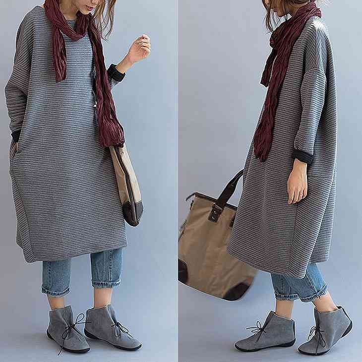 レディース　キルティングシャツ　ストライプ　長袖　ロングＴシャツ　大人カジュアル　フェミニン　かわいい　人気　お出かけ　デート　リゾート　グレー　フリーサイズ　送料無料