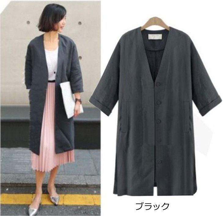 レディース　ファッション　アウター　Vネック　コート　ミディアム　シンプル　七分　秋　外出　買い物　普段着　かわいい　大人カジュアル　ブラック　ホワイト　カーキ　送料無料