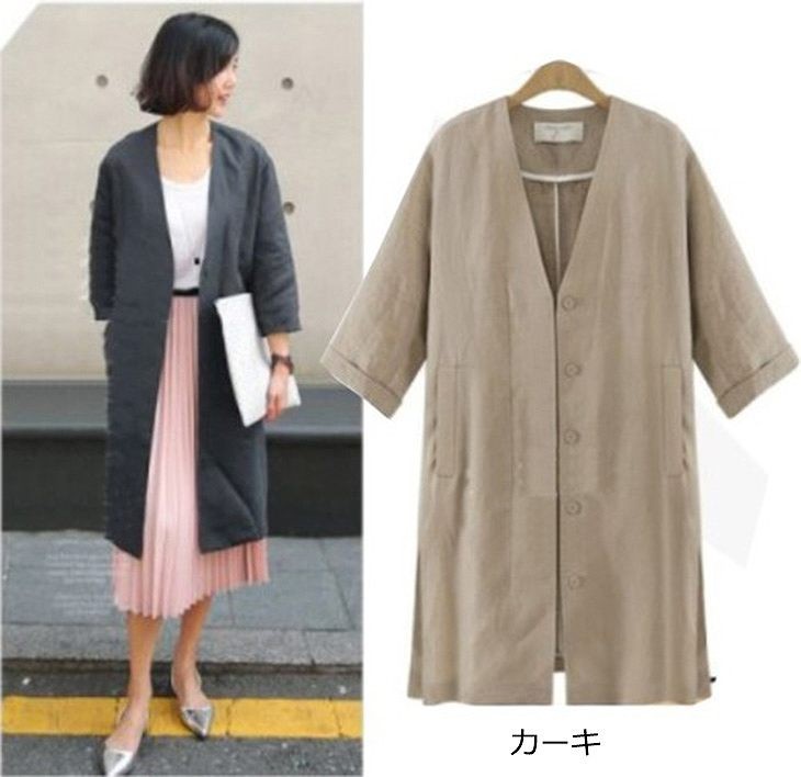 レディース　ファッション　アウター　Vネック　コート　ミディアム　シンプル　七分　秋　外出　買い物　普段着　かわいい　大人カジュアル　ブラック　ホワイト　カーキ　送料無料