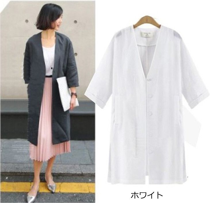 レディース　ファッション　アウター　Vネック　コート　ミディアム　シンプル　七分　秋　外出　買い物　普段着　かわいい　大人カジュアル　ブラック　ホワイト　カーキ　送料無料