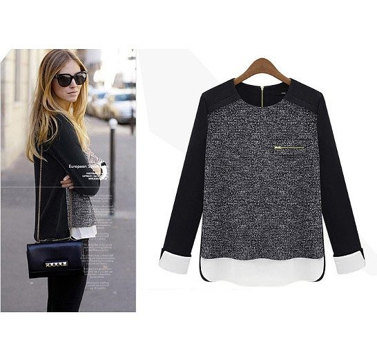 レディース　セーター　シフォンステッチ　ブラウス　長袖　大人カジュアル　フェミニン　かわいい　人気　お出かけ　デート　リゾート　グレーブラック　切り替え　送料無料