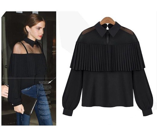 レディース　　スプライシングシフォンシャツ　長袖　肩メッシュ　大人カジュアル　フェミニン　かわいい　人気　お出かけ　デート　リゾート　ブラック　ホワイト　送料無料