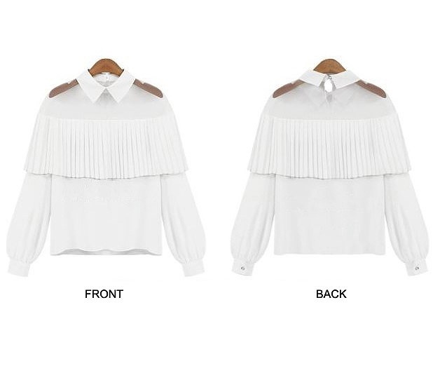 レディース　　スプライシングシフォンシャツ　長袖　肩メッシュ　大人カジュアル　フェミニン　かわいい　人気　お出かけ　デート　リゾート　ブラック　ホワイト　送料無料