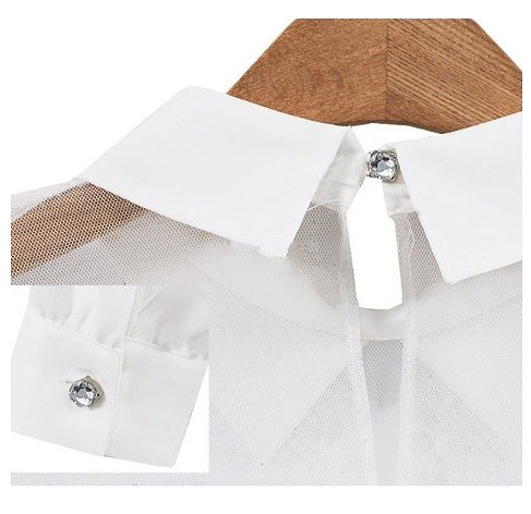 レディース　　スプライシングシフォンシャツ　長袖　肩メッシュ　大人カジュアル　フェミニン　かわいい　人気　お出かけ　デート　リゾート　ブラック　ホワイト　送料無料