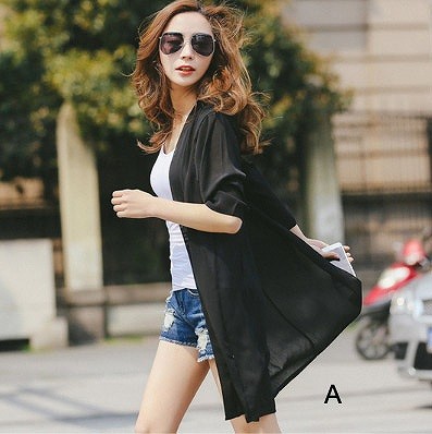 レディース　シフォンシャツ　ショール　七分袖　ロング丈　日焼け止め　大人カジュアル　フェミニン　かわいい　人気　お出かけ　デート　リゾート　全１７種類　送料無料