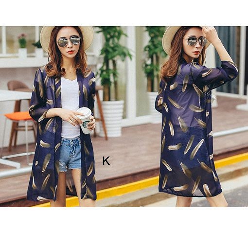 レディース　シフォンシャツ　ショール　七分袖　ロング丈　日焼け止め　大人カジュアル　フェミニン　かわいい　人気　お出かけ　デート　リゾート　全１７種類　送料無料