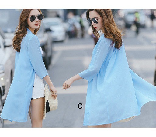 レディース　シフォンシャツ　ショール　七分袖　ロング丈　日焼け止め　大人カジュアル　フェミニン　かわいい　人気　お出かけ　デート　リゾート　全１７種類　送料無料