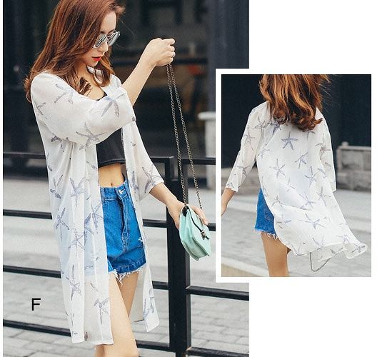 レディース　シフォンシャツ　ショール　七分袖　ロング丈　日焼け止め　大人カジュアル　フェミニン　かわいい　人気　お出かけ　デート　リゾート　全１７種類　送料無料