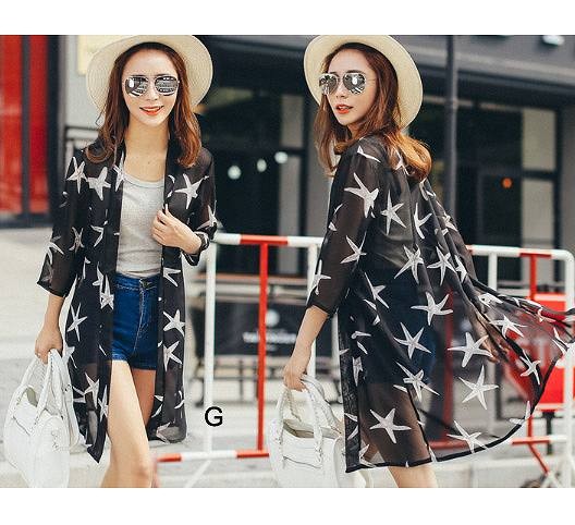 レディース　シフォンシャツ　ショール　七分袖　ロング丈　日焼け止め　大人カジュアル　フェミニン　かわいい　人気　お出かけ　デート　リゾート　全１７種類　送料無料