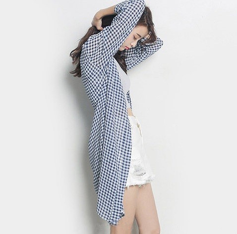 レディース　シフォンシャツ　ショール　七分袖　ロング丈　チェック柄　日焼け止め　大人カジュアル　フェミニン　かわいい　人気　お出かけ　デート　リゾート　全４種　送料無料
