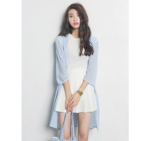 レディース　シフォンシャツ　ショール　七分袖　ロング丈　チェック柄　日焼け止め　大人カジュアル　フェミニン　かわいい　人気　お出かけ　デート　リゾート　全４種　送料無料