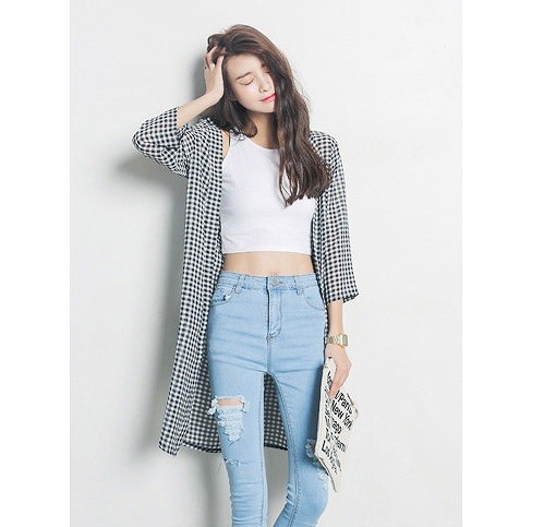 レディース　シフォンシャツ　ショール　七分袖　ロング丈　チェック柄　日焼け止め　大人カジュアル　フェミニン　かわいい　人気　お出かけ　デート　リゾート　全４種　送料無料