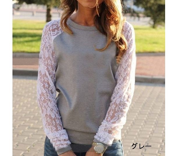 レディース　セーター　ラウンドネック　長袖　レース袖　大人カジュアル　フェミニン　かわいい　人気　お出かけ　デート　リゾート　グレー　グリーン　レッド　ブルー　ブラック　送料無料