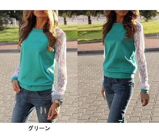 レディース　セーター　ラウンドネック　長袖　レース袖　大人カジュアル　フェミニン　かわいい　人気　お出かけ　デート　リゾート　グレー　グリーン　レッド　ブルー　ブラック　送料無料