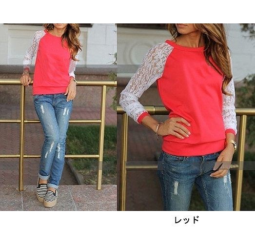 レディース　セーター　ラウンドネック　長袖　レース袖　大人カジュアル　フェミニン　かわいい　人気　お出かけ　デート　リゾート　グレー　グリーン　レッド　ブルー　ブラック　送料無料