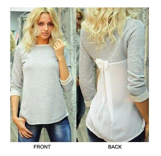 レディース　トップス　カットソー　Tシャツ　シフォン　長袖　シンプル　無地　ラウンドネック　プルオーバー　バックリボン　ゆったり　大きいサイズ　大人カジュアル　上品　お呼ばれ　おしゃれ　デート　リゾート　ホワイト　送料無料