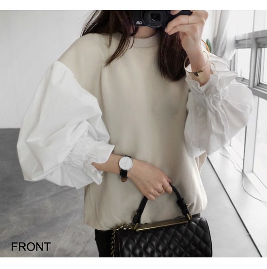 レディース　トップス　セーター　ニット　ラウンドネック　パフスリーブ　切替　無地　長袖　大きいサイズ　ゆったり　大人カジュアル　フェミニン　普段着　おしゃれ　デート　リゾート　ホワイト　ベージュ　送料無料