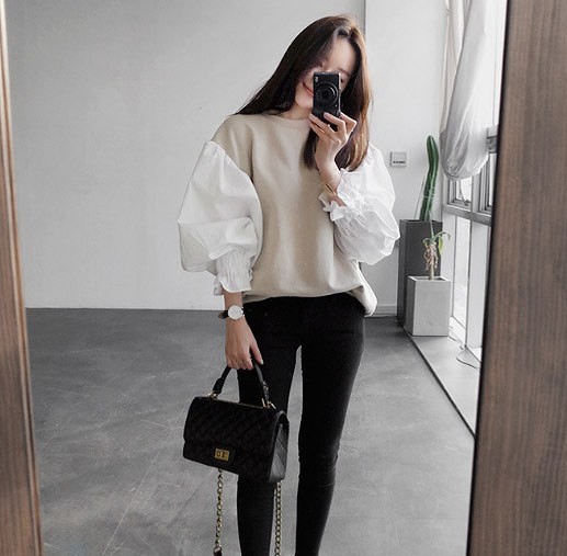 レディース　トップス　セーター　ニット　ラウンドネック　パフスリーブ　切替　無地　長袖　大きいサイズ　ゆったり　大人カジュアル　フェミニン　普段着　おしゃれ　デート　リゾート　ホワイト　ベージュ　送料無料