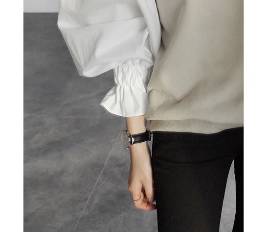 レディース　トップス　セーター　ニット　ラウンドネック　パフスリーブ　切替　無地　長袖　大きいサイズ　ゆったり　大人カジュアル　フェミニン　普段着　おしゃれ　デート　リゾート　ホワイト　ベージュ　送料無料